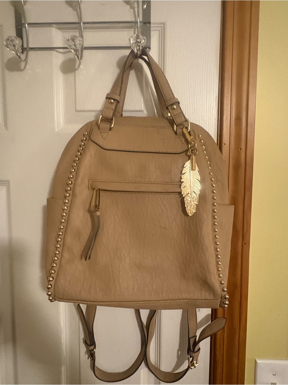 Women's Jessica Simpson Tan Backpack Tote with Gold Feather Charm